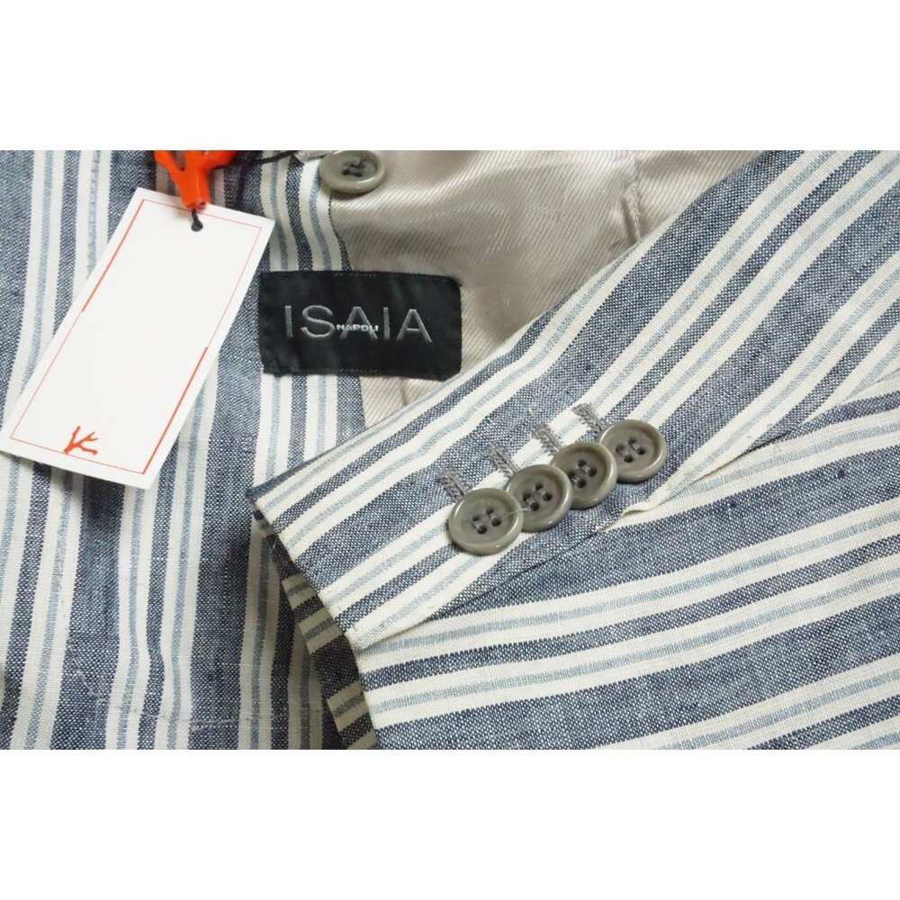 Isaia Napoli Blue White Striped 100% Linen Sport Coat Jacket 40R NEW
